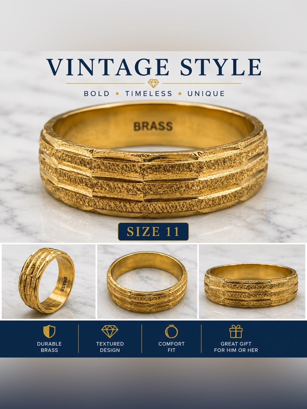 Vintage Brass Textured Band Ring Size 11 Gold Tone Unisex Statement Ring